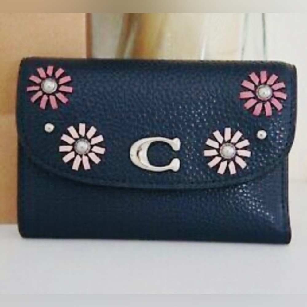 Coach Whipstitch Floral Rivets Wallet - Midnight Navy Leather